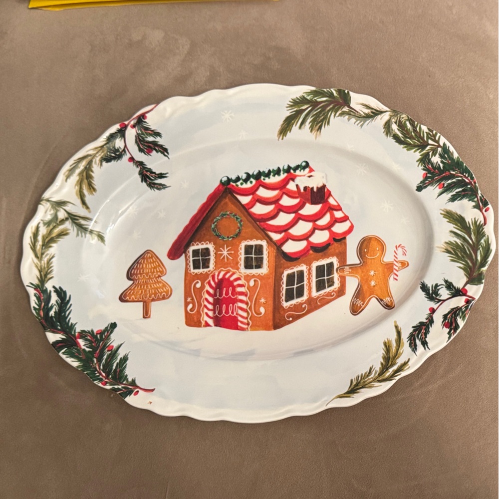 Pottery Barn kids Festive Gingerbread Cottage Holiday Platter - White